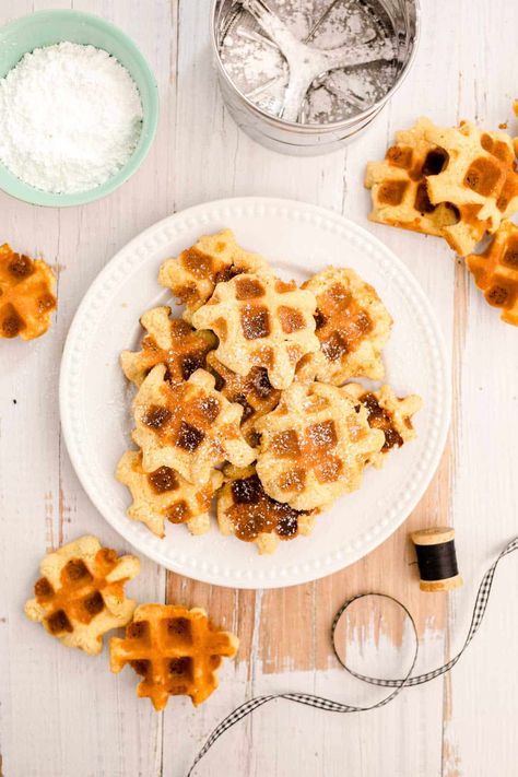 These Waffle cookies are a quick and easy breakfast or dessert recipe that's made right on your waffle iron using pantry staple ingredients! Mix in some mini chocolate chips to make them even more of a treat! Iron Cookies, Waffle Iron Cookies, Waffle Mix Recipes, Blueberry Waffles, Waffle Maker Recipes, How To Make Waffles, Homemade Waffles, Waffle Cookies, Waffle Mix