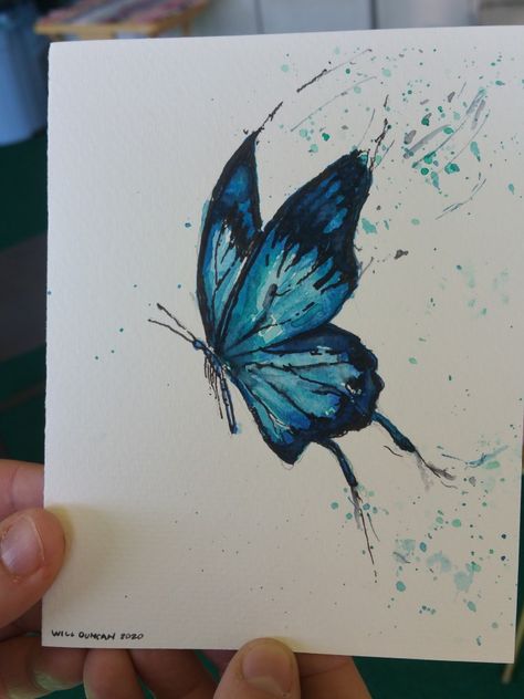 Butterfly Drawing With Color, Butterfly Aesthetic Drawing, Blue Butterfly Drawing, Beautiful Butterfly Drawing, Butterfly Drawing Aesthetic, Colorful Butterfly Drawing, Butterfly Draw, Blue Butterfly Painting, Butterfly Watercolor Painting