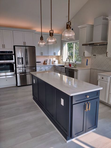 Kitchen nearing completion. Stove is missing, but getting close. Navy island, quartz countertop, brass fixtures. Naval Island Kitchen, Navy Island Kitchen Gray Cabinets, Navy Blue Island Kitchen Grey Cabinets, Navy Blue And White Kitchen Ideas, Navy Island Kitchen, Navy Blue Island Kitchen, Navy And Grey Kitchen, Marble Kitchen Cabinets, White Kitchen Navy Island