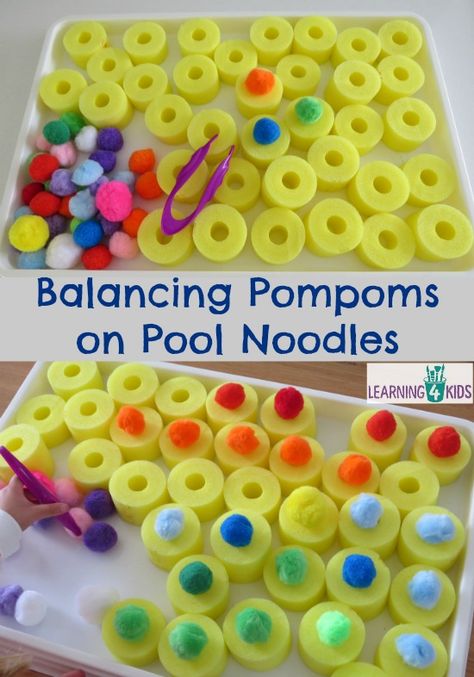 Balancing Pompoms on Pool Noodles - fine motor activities Preschool Fine Motor Skills, Preschool Fine Motor Activities, Preschool Fine Motor, Gross Motor Activities, Fine Motor Skills Activities, Motor Skills Activities, Pool Noodles, Toddler Snacks, Skills Activities