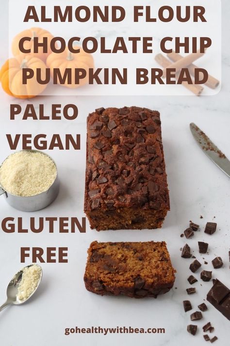 Try this easy and healthy homemade chocolate chip pumpkin bread recipe. This almond flour pumpkin bread is paleo, vegan and gluten free. It is moist and delicious. Almond Flour Pumpkin Chocolate Chip Bread, Almond Flour Pumpkin Loaf, Paleo Pumpkin Bread Almond Flour, Almond Flour Pumpkin Banana Bread, Gluten Free Pumpkin Bread Almond Flour, Almond Flour Vegan Recipes, Pumpkin Bread With Almond Flour, Almond Flour Pumpkin Bread, Pumpkin Bread Gluten Free