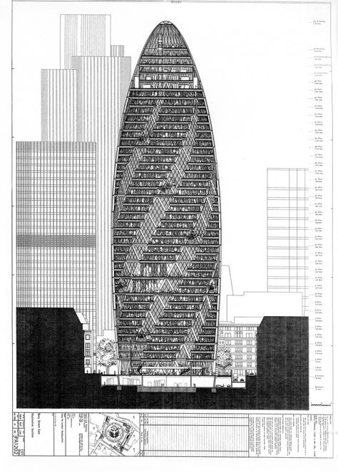 The Gherkin: How London’s Famous Tower Leveraged Risk and Became an Icon Norman Foster Architecture, Gherkin London, Urban Regeneration, The Gherkin, Architectural Review, Architecture Sketches, Section Drawing, Urban Sketches, Modern Construction