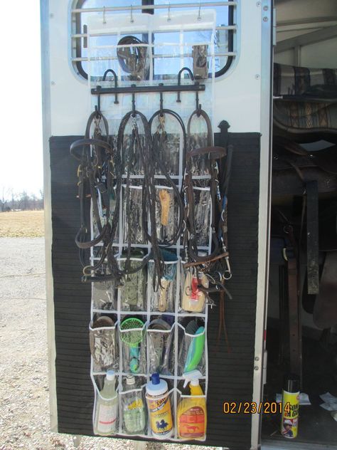 Horse Trailer Rear Tack Organization, Small Horse Trailer Organization, Small Horse Trailer Tack Room Ideas, Horse Trailer Living Quarters Organization, Horse Camping Hacks, Horse Float Storage Ideas, Horse Trailer Must Haves, Horse Float Ideas, Horse Trailer Tack Room Organization