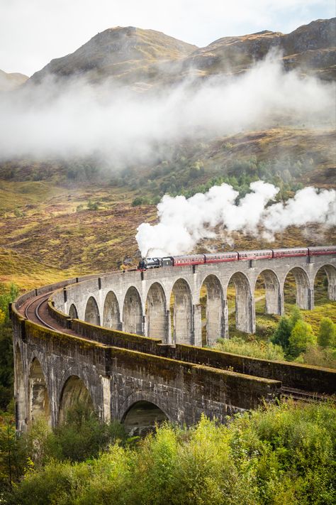 The Harry Potter train and Bridge, Scottish Highlands Harry Potter Train Scotland, Jacobite Train, Harry Potter Places, Harry Potter Train, Uk Bucket List, Glenfinnan Viaduct, Harry Potter Locations, Trips Abroad, Durham Cathedral