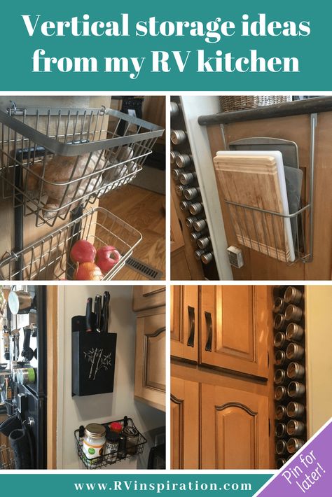 Wall storage ideas for organizing the kitchen of a #camper, #RV, #motorhome, or #traveltrailer Rv Kitchen Storage, Camper Storage Ideas Travel Trailers, Rv Diy, Travel Trailer Organization, Trailer Organization, Ideas For Organizing, Rv Camping Checklist, Camper Kitchen, Trailer Storage