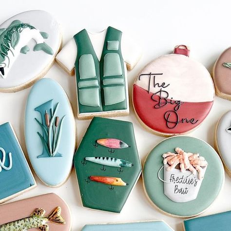 Fishing First Birthday Cookies, Bass Fish Cookies, Fish Cookies Decorated Easy, Ofishally One Cookies, Fishing Birthday Cookies, Fishing First Birthday Party, Ofishally One Birthday, Fishing First Birthday, Fishing Baby Shower