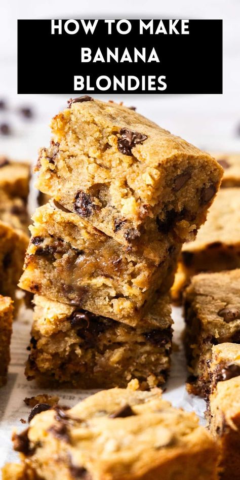 These homemade Banana Blondies are rich, fudgy and full of tropical banana flavour. Like my Gluten-Free Banana Cake, this is a great way to use overripe bananas. Using simple store cupboard ingredients, you will love how quick and easy it is to make this recipe, and I am certain they will become a family favourite. Gluten Free Recipes With Bananas, Old Banana Recipes, Banana Healthy Recipes, Recipes For Old Bananas, Banana Bars Recipe, Banana Ideas, Gluten Free Banana Cake, Banana Blondies, Banana Recipes Overripe