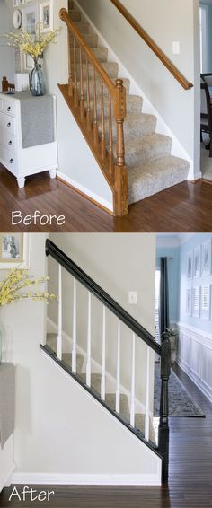 Tiny House Stairs Ideas, Painted Stair Railings, Staircase Molding, Stair Railing Makeover, Stairs Trim, Stairs Colours, Stairs In Kitchen, Wrought Iron Stair Railing, Tiny House Stairs