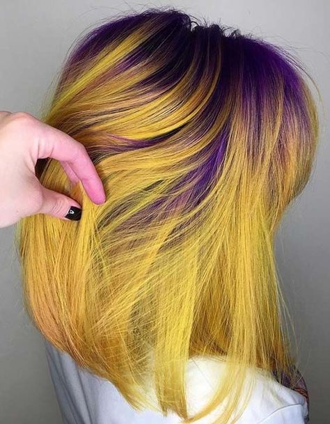 Purple roots yellow hair dye Yellow And Purple Hair, Yellow Hair Dye, Yellow Hair Color, Hair Yellow, Pulp Riot Hair Color, Pulp Riot Hair, Hair Color Unique, Bright Hair Colors, Dye Colors