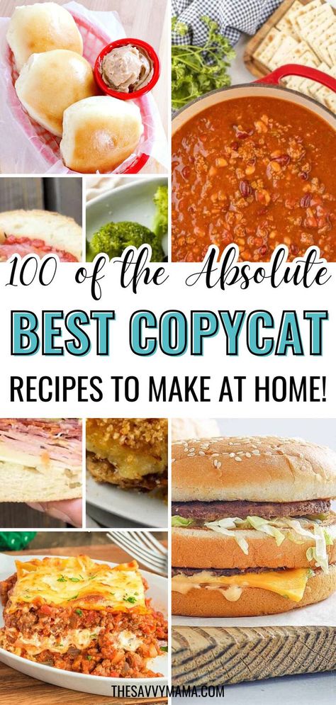 Why dine out when you can recreate your favorite restaurant meals at home? These copycat recipes let you enjoy popular dishes from Olive Garden, Chick-fil-A, Cheesecake Factory, Starbucks, Taco Bell, Chili’s, and more—all for less! From mouthwatering entrees to decadent desserts and signature sides, you'll have all the restaurant flavors without the price tag. Perfect for saving money and satisfying your cravings at home! Copycat Italian Restaurant Recipes, Mexican Copycat Recipes, Rallys Copycat Recipes, Mexican Copycat Recipes Restaurants, Secret Restaurant Recipes, Elephant Bar Copycat Recipes, Firebirds Copycat Recipes, Chili's Copycat Recipes, Chili’s Restaurant Copycat Recipes