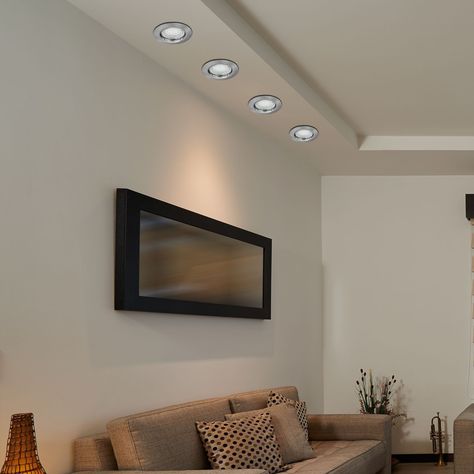 A satin chrome colored recessed LED spot set (3 pieces and package) in a modern style that can be installed in plasterboard false ceilings, block-boards and polystyrene moldings. The fixed spotlights provide one-way lighting. The provided LED light sources have an A+ power class with an energy power of 3 x 3W, a brightness of 3 x 240 lumen and a warm white color temperature (3000 Kelvin). They can be used with 3 x power saving light sources with GU10 sockets, up to 50W light power. Light Spots Ceiling Living Room, Recessed Spot Light, Spot Lights Celling, Ceiling Spot Lights Square, Led Ceiling Spotlights, Gypsum Ceiling Design, Dimmable Led Recessed Lights Retrofit, Gypsum Ceiling, Surface Mount Lighting