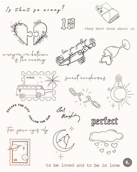 Tiny One Direction Tattoos, One Direction Flash Tattoo, One Direction Tiny Tattoos, Tattoo Idea Quote, Love On Tour Tattoo Ideas, Spaces One Direction Tattoo, Different Not Less Tattoo, Taylor Swift Flash Sheet, Taylor Swift Tattoo Flash Sheet