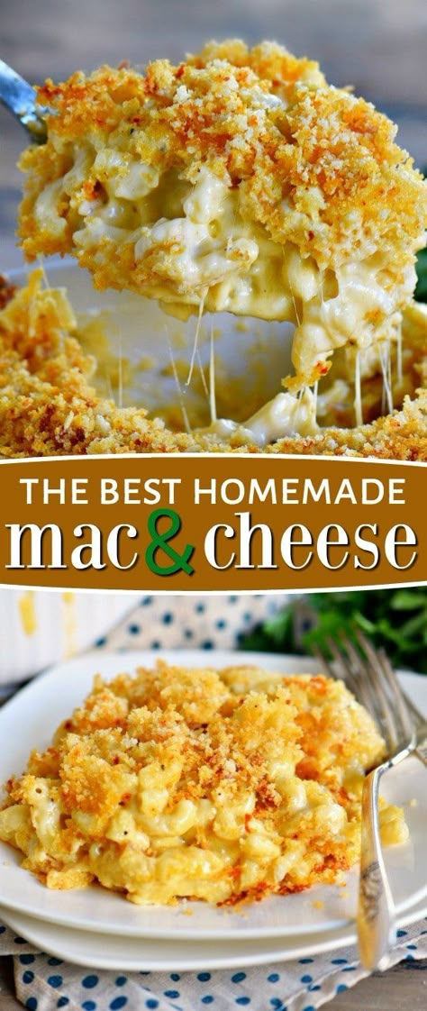 The BEST Homemade Mac and Cheese of your LIFE. Outrageously cheesy, ultra creamy, and topped with a crunchy Panko-Parmesan topping, this mac and cheese recipe is most definitely a keeper. I used three different cheese and a homemade cheese sauce to take this macaroni and cheese recipe over the top. // Mom On Timeout #recipe #recipes #dinner #cheesy #macandcheese #macaroni #entree #kidfriendly #momontimeout Baked Make And Cheese, Macaroni And Cheese No Eggs, Baked Mac And Cheese No Eggs, Baked Mac And Cheese Recipe With Egg, Mac And Cheese Recipe No Eggs, No Egg Mac And Cheese, Kid Friendly Rice Dishes, Egg Noodle Mac And Cheese, Mac And Cheese No Egg