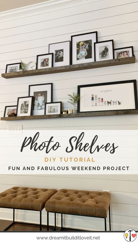 Mudroom Drop Zone, Photo Shelves, Accent Wall Diy, Photo Shelf, Living Room Built Ins, Shiplap Accent Wall, Picture Shelves, Wall Diy, Trendy Diy