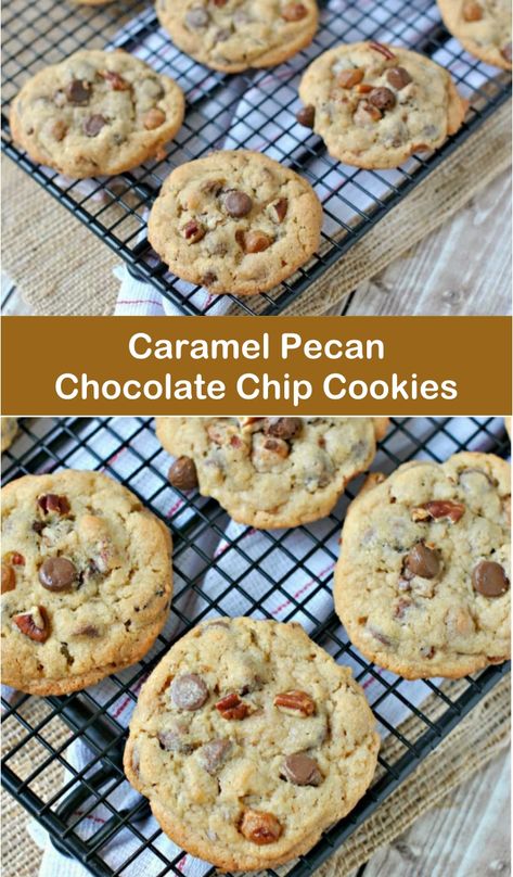 Chocolate Chip Pecan Caramel Cookies, Carmel Pecan Chocolate Chip Cookie, Chocolate Pecan Caramel Cookies, Caramel Praline Cookies, Caramel Pecan Cookies Recipe, Salted Caramel Chocolate Chip Pecan Cookies, Salted Caramel Pecan Cookies, Salted Caramel Pecan Chocolate Chip Cookies, Carmel Chip Recipes