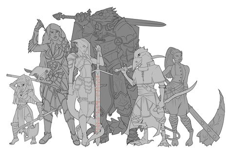 [OC] [Art] Finished the ink work on all the characters in my D&D group! Colors to come soon! Fantasy Group Pose Reference, Character Group Art, D&d Group Art, Group Of Characters Art, Oc Group Poses, Dnd Group Pose Reference, Character Group Poses, Group Art Reference, Dnd Group Art