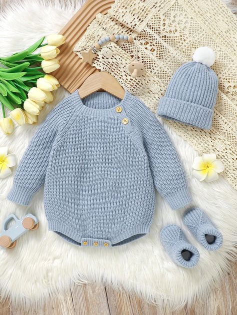 3pcs/Set Newborn Baby Boy Jumpsuit, Hat And Shoes, Stylish And Simple Design Romper With Matching Hat And Comfortable Shoes Baby Blue   Long Sleeve Knitwear Plain Bodysuits Medium Stretch  Baby Boys Clothing, size features are:Bust: ,Length: ,Sleeve Length: Blue Sweater Outfit, Baby Blue Sweater, Shoes Stylish, Baby Boy Knitting, Boys Knits, Newborn Baby Boy, Matching Hat, Baby Boy Shoes, Shoes Baby