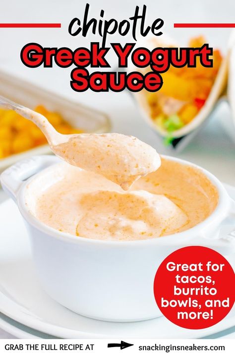 Chipotle greek yogurt sauce in a small bowl, with tacos in the background. Greek Yogurt Dipping Sauce, Sauce For Tacos, Taco Sauce Recipes, Chipotle Pepper Sauce, Greek Yogurt Sauce, Yogurt Marinade, Greek Yogurt Dips, Protein Yogurt, Greek Yogurt Recipes