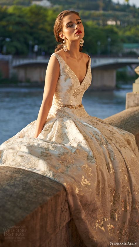 stephanie allin bridal 2017 sleeveless vneck ball gown wedding dress (octavia) fv gold color Stephanie Allin, Gold Wedding Dress, Full Dress, Gown Wedding, Gorgeous Gowns, Ball Gowns Wedding, Bridal Couture, Ball Gown Wedding Dress, Gown Wedding Dress