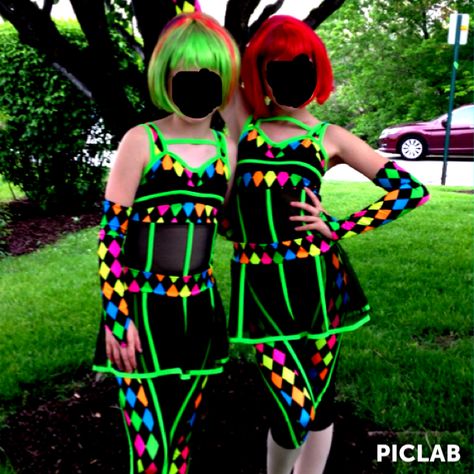 A fun exciting costume for kids! The wigs were bought, but spray painted to make them glow in the dark by a teacher. The costume is also glow in the dark. Glow In The Dark Costume, Glow In The Dark Dress, Glow Run, Dark Warrior, Costume For Kids, Dark Dress, Halloween 2018, Dance Costumes, Kids Costumes