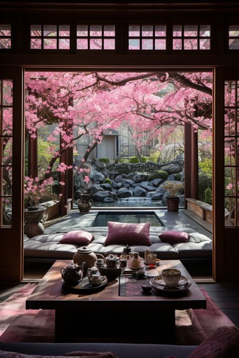 Traditional Machiya Room with a View of the Cherry Blossom Landscape Japanese House Interior, Cherry Blossom Landscape, Cherry Blossom Garden, Japanese Tea Room, Tea Room Design, Chinese Tea House, Machiya House, Traditional Japanese Home, Japan Interior