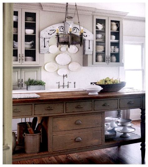 Follow The Yellow Brick Home - Kitchen Island Inspiration: Euro-Inspired Farmhouse Work Tables and Pastry Tables – Follow The Yellow Brick Home Baking Island, Kitchen Island Inspiration, Pastry Table, Antique Kitchen Island, Narrow Kitchen Island, Double Island, Old Tables, Work Tables, Yellow Brick Home