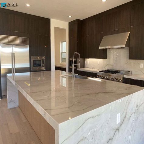 White Kitchen Islands, White Macaubas Quartzite Kitchen, White Quartzite Kitchen, Quartzite Kitchen Island, Mont Blanc Quartzite, Quartzite Countertops Kitchen, Quartzite Kitchen, White Quartzite Countertops, Kitchen Design Countertops