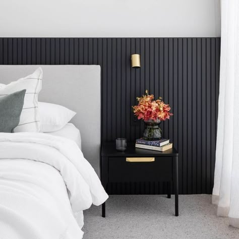 Vj Bedhead Wall, Bedroom Black Panelling Wall, Black And White Bedroom With Panelling, Headboard Panel Wall, Wood Paneling Headboard Wall, Black Vj Panelling Bedroom, Wall Paneling Bedroom Interior Design, Bedroom Dark Panelling, Modern Panelling Bedroom