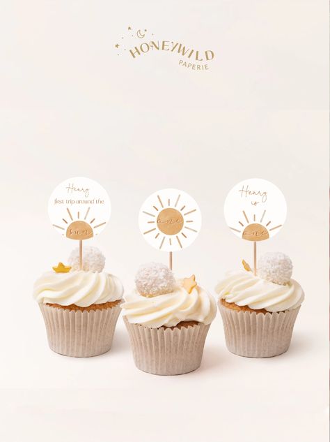 Boho Neutral Sunshine Cupcake Toppers 1st Trip Around the | Etsy Sunshine Party Decorations, Sunshine Birthday Cakes, Sunshine Birthday Theme, 1st Trip Around The Sun, Sunshine Cupcakes, Sun Cake, Boho Sunshine, Sunshine Party, 1st Birthday Party Decorations