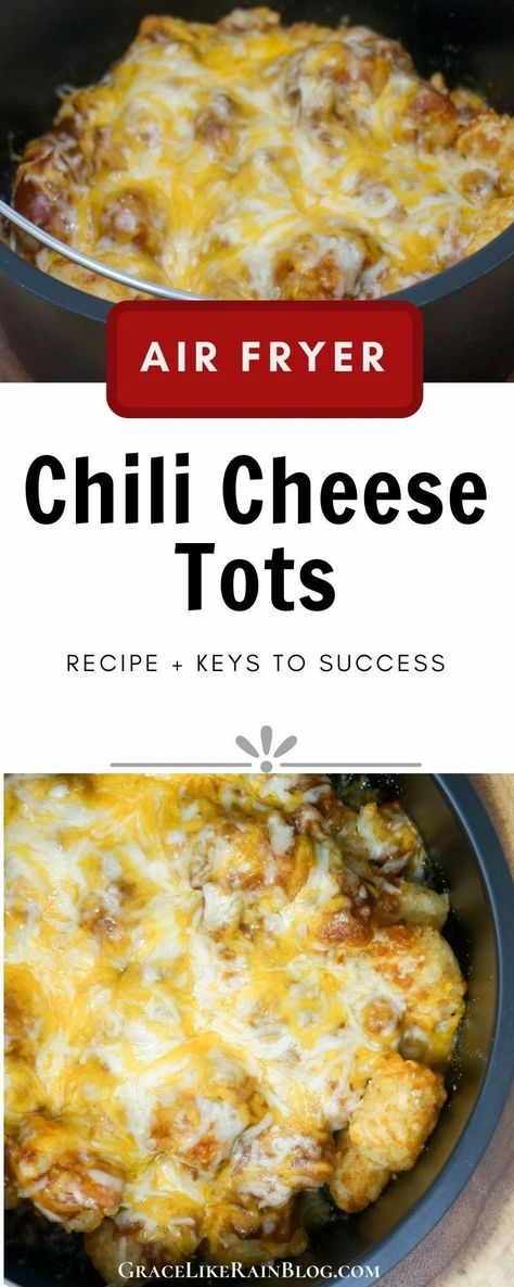 Chili Cheese Tots are a perfect snack or side dish to make in your Air Fryer. The super crispy tater tots are covered with a thick layer of chili then piled high with melty cheesy. | Air Fryer Chili Cheese Tots | Chili and Cheese Tater Tots | Tater Tots in Air Fryer | #AirFryer #AirFryerRecipes #TaterTots #Cheese #Chili Chili Cheese Tots, Air Fryer Chili, Chili Cheese Tater Tots, Cheese Tater Tots, Cheese Tots, Stovetop Appetizers, How To Cook Hamburgers, Mac And Cheese Bites, Homemade Chili