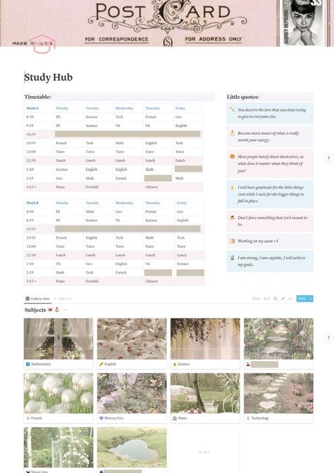 Notion Ideas College, Notion Aesthetic For School, Notion Subject Page, Fun Notion Templates, Hobbies Notion Template, Notion Study Room, Study Page Notion, Academic Notion Aesthetic, Notion Study Page