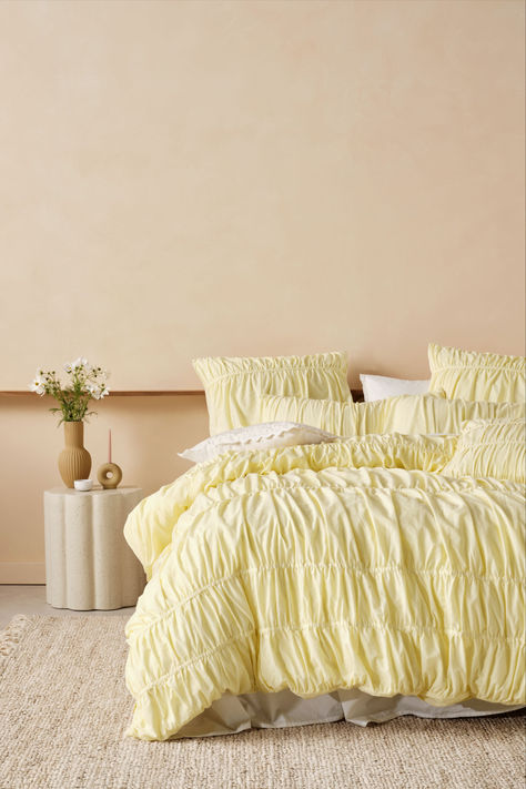 New to our SS24/25 Holiday Revival Collection   Add luscious volume and texture to your bedroom with dreamy Layla.  Constructed from cotton voile, this romantic design in lemon enjoys vertical ruching throughout, creating a soft, pillowy dimension, as well as pretty side ties for a sweet, aesthetic finish.  Pair this set with its coordinating European pillowcases and cushion to complete this beautifully delicate aesthetic. Lemon Quilt, Sweet Aesthetic, King Single Bed, Cot Quilt, Bed Quilt Cover, Single Quilt, Bedroom Quilts, Bedding Brands, Romantic Design