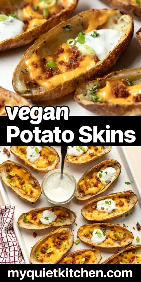 Vegan Deviled Potatoes, Vegan Red Potato Recipes, Vegetarian Potato Skins, Vegan Potato Skins, Red Skin Potatoes Recipe, Homemade Potato Skins, Potato Skins Appetizer, Vegan Potatoes, Tofu Bacon