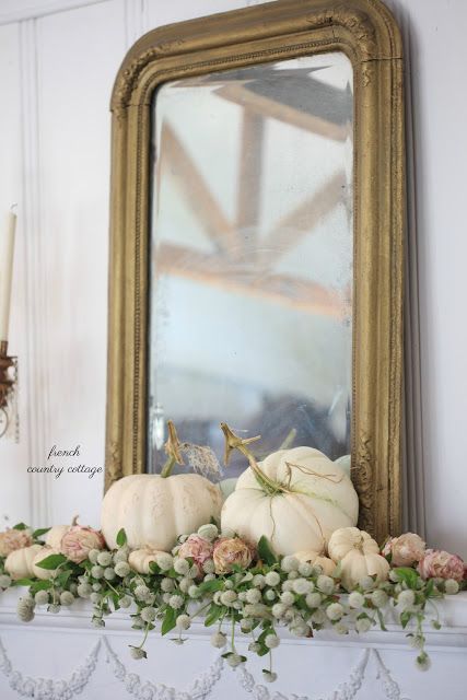 The easiest 5 minute mantel for autumn - FRENCH COUNTRY COTTAGE #frenchstyle #frenchcountry #romatichomes #falldecor #homedecorideas Mantel Styling, Country Living Room Design, White Pumpkin Decor, French Country Rug, Autumn Living Room, Thistlewood Farms, French Country Living Room, Autumn Decorating, Fall Mantel