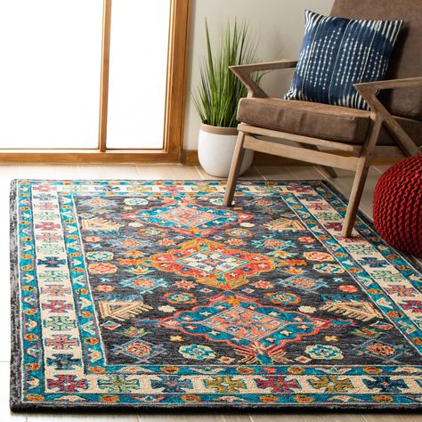 SAFAVIEH Handmade Aspen Pegeen Bohemian Wool Rug - On Sale - Bed Bath & Beyond - 29163131 Cozy Ski Lodge, Casual Home Decor, Rustic Chic Decor, Charcoal Blue, Charcoal Rug, Southwestern Rug, Rustic Chic, Handmade Boho, Hand Tufted Rugs