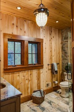 Refined Rustic - rustic - bathroom - other metro - Designs by Dawn at the Lake Street Design Studio Rustic Window Trim Wood, Cabin Window Trim, Rustic Window Trim, Baseboard Trim Styles, Rustic Trim, Wood Window Trim, Cabin Walls, Window Trims, Knotty Pine Walls