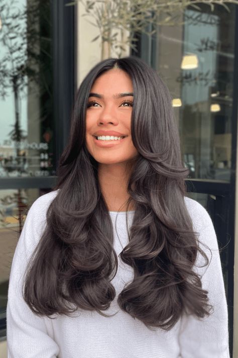 blowout hairstyles, voluminous hair, lush looks Bridal Hair Down Blowout, Long Haircuts With Movement, Blowout Hair Natural Styles Long, Blown Out Bridal Hair, Wedding Day Blowout, Blowout Hair Pictures, Long With Layers Haircuts, Bouncy Layered Haircut, Wedding Hairstyles Blowout