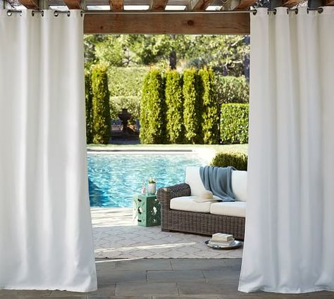 Sunbrella® Solid Indoor/Outdoor Grommet Drape | Pottery Barn Outdoor Curtain Rods, Pottery Barn Outdoor, Outdoor Drapes, Patio Curtains, Custom Drapes, Outdoor Curtains, Velvet Curtains, Grommet Curtains, Outdoor Rooms