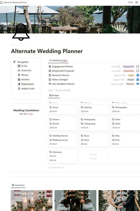 A free notion template to plan your special occasion 🎉 with utter ease. An easily editable template that can be your event planner & next notion template idea. This includes a guest list, task list, countdown checklist, helpful links database, budget planner, vendor quotes & more. Download Alternate Wedding Planner now. 🚀 Planners Aesthetic, Party Planner Template, Wedding Planning Templates, Note Planner, Budget Planner Free, Wedding Budget Planner, Life Planner Organization, Free Wedding Planner, Template Notion