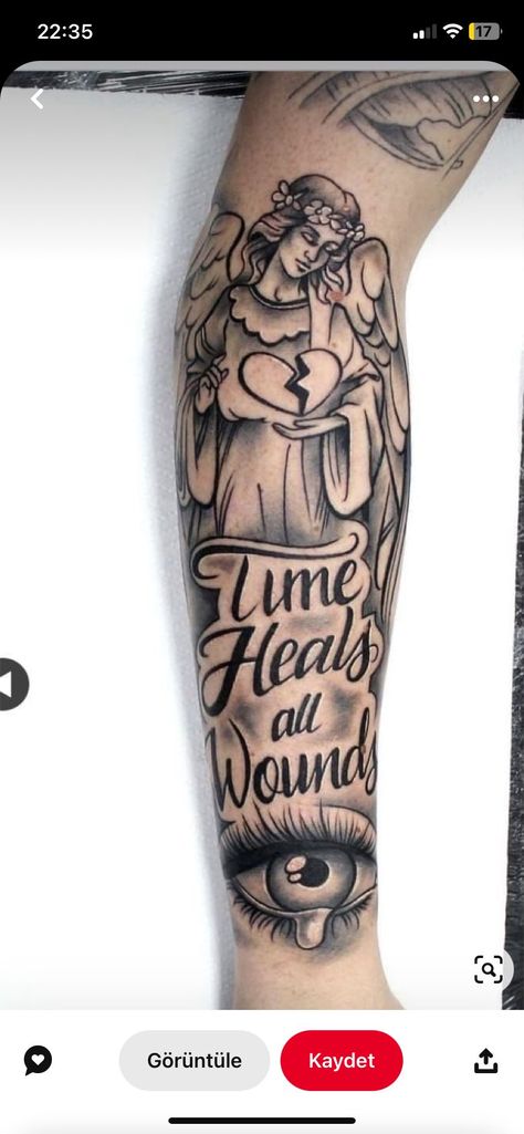 Time Heals Tattoo For Women, Time Heals All Wounds Tattoo, Time Heals Tattoo, Angle Tattoo For Men, Angle Tattoo, Half Sleeve Tattoos Sketches, Forearm Tattoo Design, Neck Tattoo For Guys, Tattoo Now