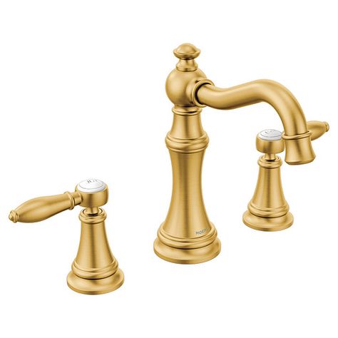 Weymouth Brushed gold two-handle high arc bathroom faucet -- TS42108BG -- Moen Gold Faucet, Roman Tub Faucets, Roman Tub, Single Hole Bathroom Faucet, Rustic Bathrooms, Widespread Bathroom Faucet, Gold Bathroom, Tub Filler, Faucet Handles