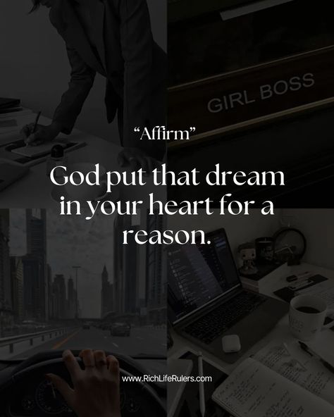 Here's you should know, why your dreams matter ⤵️ God placed that dream deep in your heart because it has a purpose, a reason meant just for you. 🌟 It's like a special guide to what makes you happy and fulfilled. So, don't ignore it—believe in it! Embrace that dream, hold onto it, and let it guide you to a richer, more satisfying life. 💫 Follow @richliferulers1 for inspiration and practical tips on turning your dreams into reality. We're here to cheer you on! 🥂 Now, imagine this: What ... God Gave You That Dream For A Reason, Dream Until It’s Your Reality, God Put That Dream For A Reason, God Put That Dream In Your Heart, Dream Until Its Your Reality, I Will Win, You're Worth It, God Made You, Song Min-gi