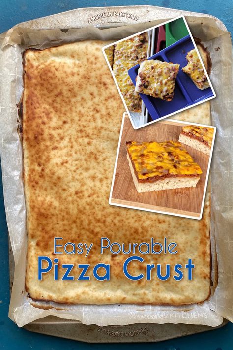 This pourable pizza dough is fast and easy to make, and yields a soft, bread-like pizza crust that will stand up to any toppings. It requires no rolling or forming: if you can spread butter on toast or frost a cake, you can make this easy pizza dough recipe. Pourable Pizza Crust, Crazy Crust Pizza, Butter On Toast, Easy Pizza Dough Recipe, Frost A Cake, Pizza Dough Recipe Easy, Unique Pizza, Easy Pizza Dough, Soft Bread