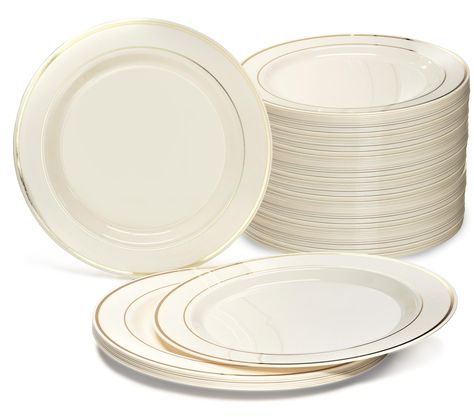 PRICES MAY VARY. Premium Heavyweight Disposable Plastic plates. Larger and heavier than the competition. Perfect for Weddings and special events! Looks like real china. Ideal for holidays, large gatherings, weddings and special events, where you want an elegant and fancy look with the convenience of disposable. Includes : 240 Pieces 10.5'' Dinner Plates Design / Color : Ivory & Gold Rim Made out of high gloss premium heavyweight disposable plastic. Single Use - Recyclable and BPA Free - Not micr Wedding Plates Ideas, Gold Chargers Wedding, Gold Rimmed Charger Plates Wedding, Upscale Disposable Plates, White Plate Gold Rim Place Settings, Gold Plastic Wedding Plates, Gold Rim Plates, Clear And Gold Party Plates, Plastic Plates Wedding