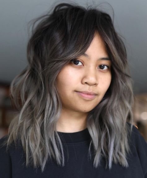 Gray Ombre on Dark Brown Base Mushroom Brown Blonde, Bangs And Wavy Hair, Grey Ombre Hair Short, Grey Hair Tan Skin, Dark Hair Style, Ash Ombre Hair, Brown To Grey Ombre, Grey Hair Short, Ash Brown Hair Balayage