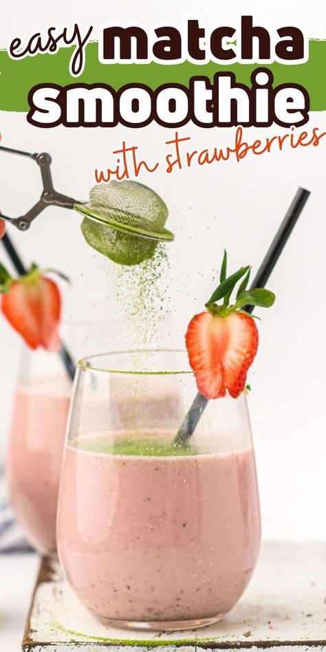 matcha strawberry smoothie in glass with matcha powder being sprinkled on top. Macha Drinks, Recipes With Matcha, Matcha Smoothie Recipe, Flavored Coffee Recipes, Health Benefits Of Matcha, Afternoon Smoothie, Matcha Strawberry, Flavored Coffee Creamer, Strawberry Matcha