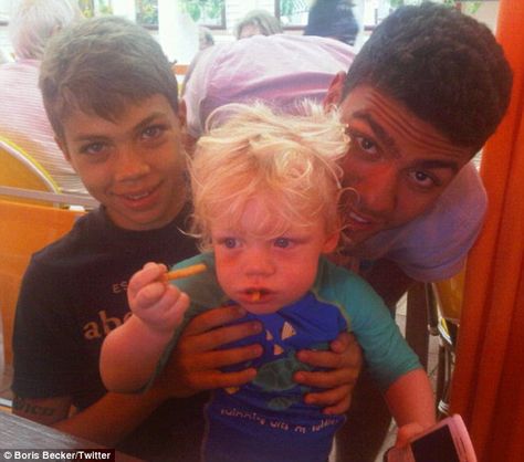 Becker posted a picture of his sons 18-year-old Noah and Elias, 12, playing with their half brother Amadeus. Description from dailymail.co.uk. I searched for this on bing.com/images The Three Amigos, Three Amigos, Boris Becker, Spitting Image, Tennis Legends, Half Brother, Two Year Olds, Mini Me, Nanny