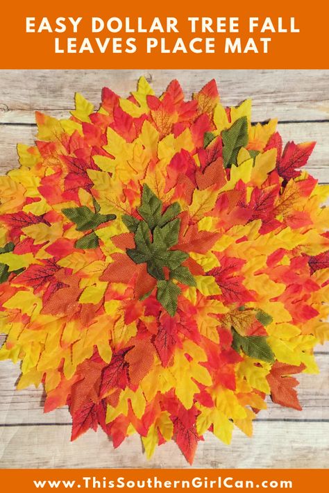 Make your own Fall place mats with my easy Dollar Tree tutorial! Fall Placemats Diy, Floral Umbrellas, Fall Placemats, Thanksgiving Table Runner, Diy Placemats, Diy Leaves, Dollar Tree Fall, Leaf Crafts, Fall Crafts Diy