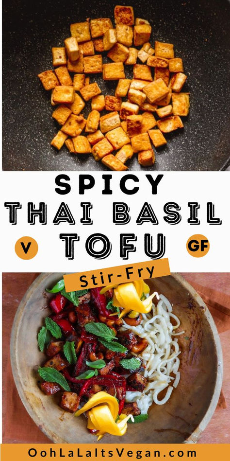 Thai basil tofu served over coconut garlic noodles in a wooden bowl Garlic Rice Noodles, Thai Basil Tofu, Basil Tofu, Thai Chilli, Tender Coconut, Thai Chili Sauce, Garlic Rice, Thai Chili, Tofu Stir Fry