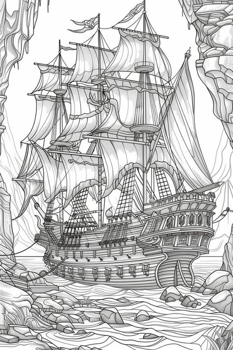 Adult Colouring Printables Free, Adult Coloring Pages Free Printable, Pirate Ship Drawing, Pirate Ship Tattoos, Pirate Illustration, Ship Sketch, Pirate Ship Art, Pirate Coloring Pages, Free Coloring Pages For Kids